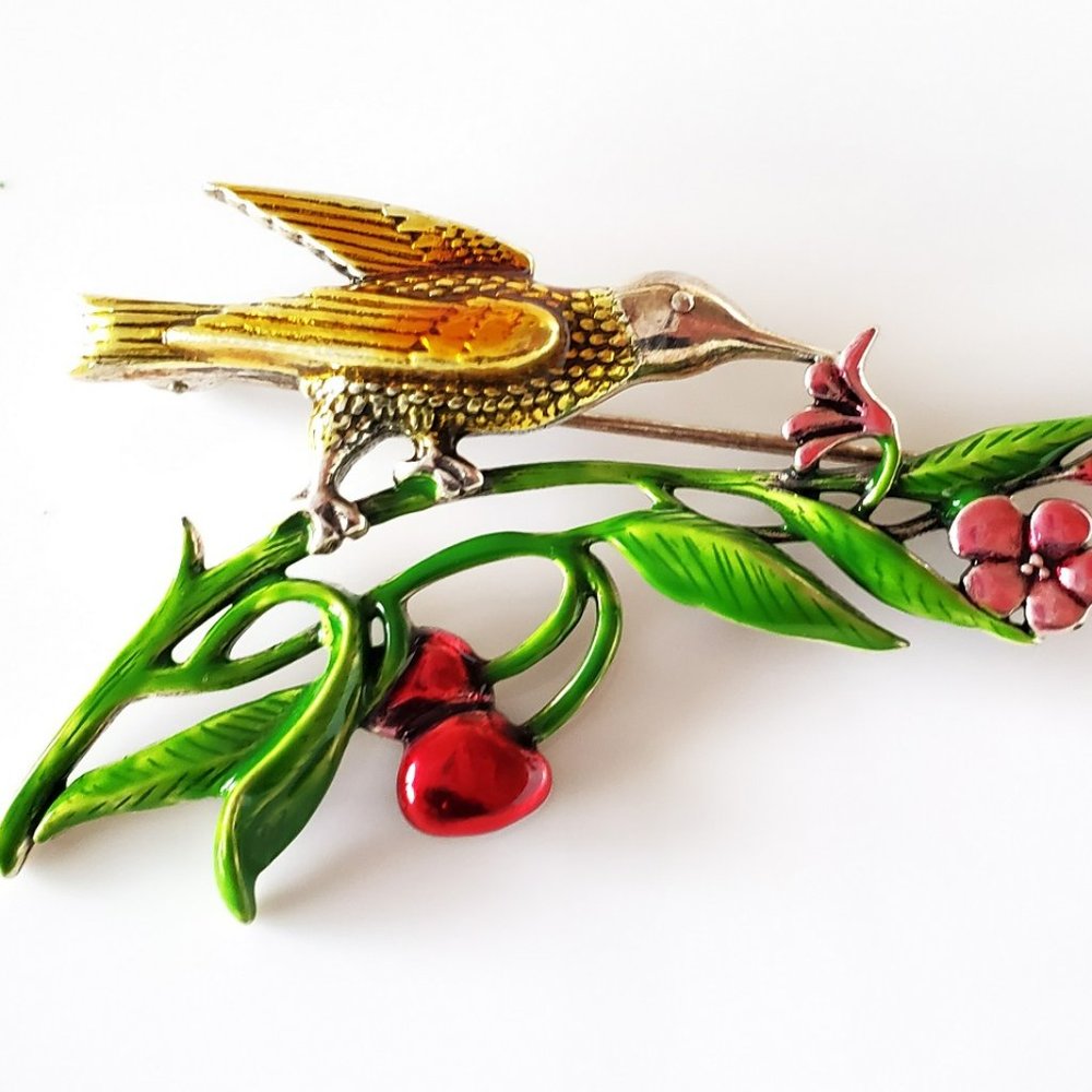 Handmade Silver plated Russian brooch - bird flowers - enamel pin